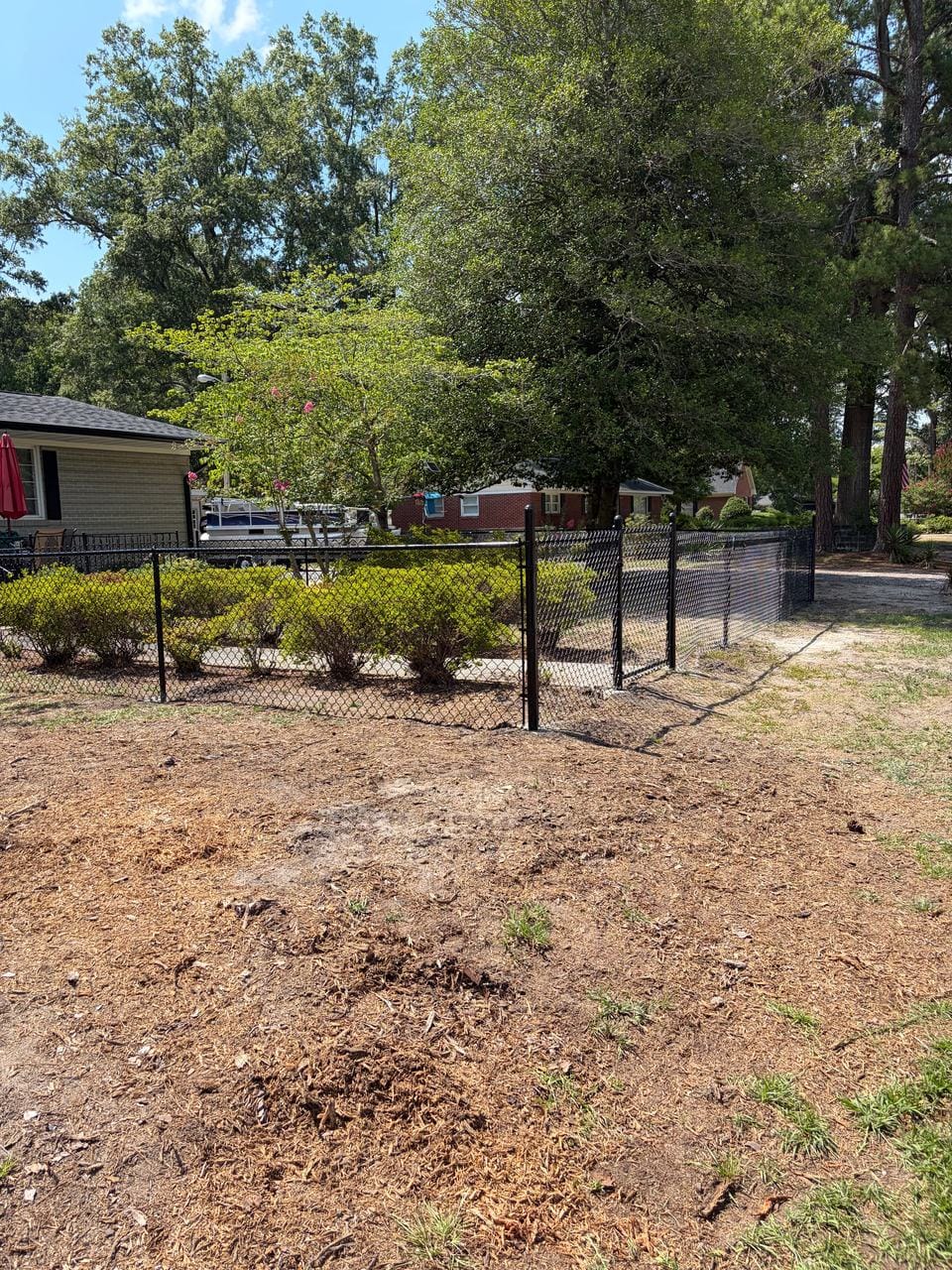 Black chain link fence around a front yard with a row of shrubs